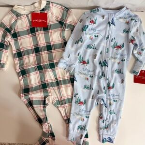 2 Target Wondershop Kids One Piece Pajamas- Green Plaid and Blue Print 6-9 Month
